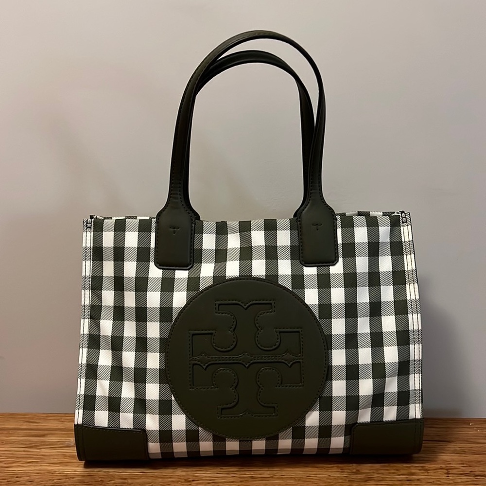 Tory Burch Olive Green check satchel tote
